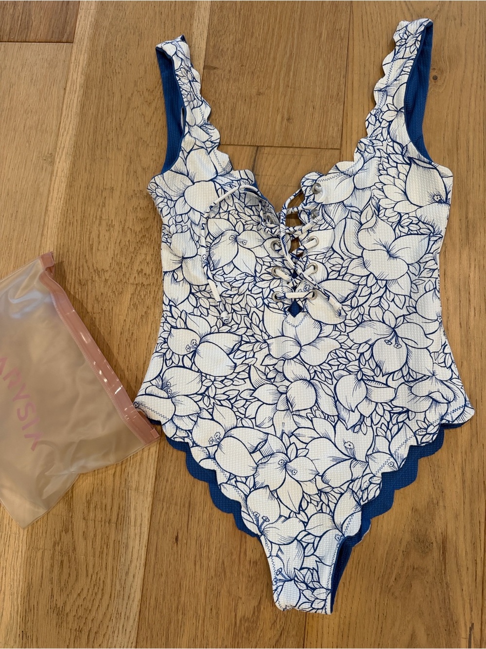 Marysia Swim White and Blue Floral Lace-Up Scalloped One-Piece